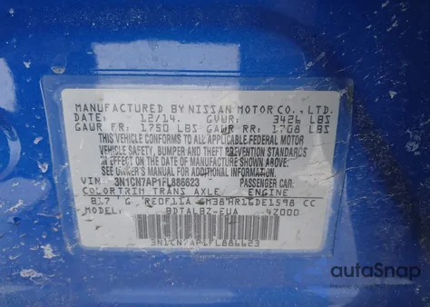 2015 Nissan Versa 1.6 Sv z USA, uszkodzony, nr VIN 3N1CN7AP1FL886623